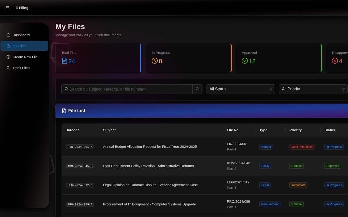 E-Filing System: My files list