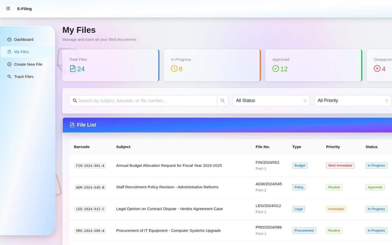 E-Filing System: My files list