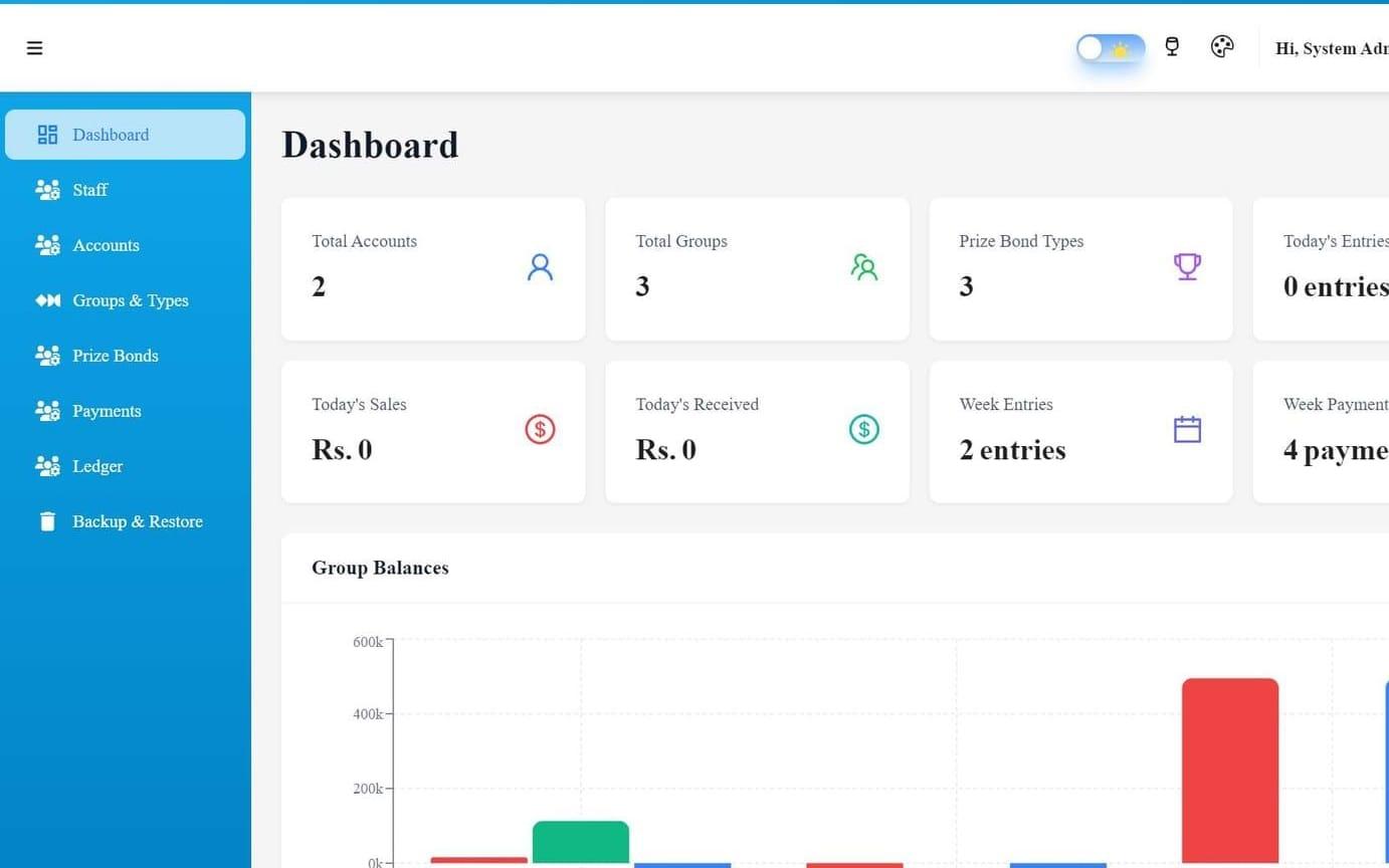 Prize Bond Management System: Dashboard with group balances